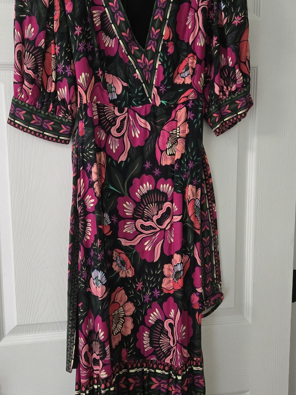 Floral V-Neck Wrap Dress in Black with Pink & Coral Blooms